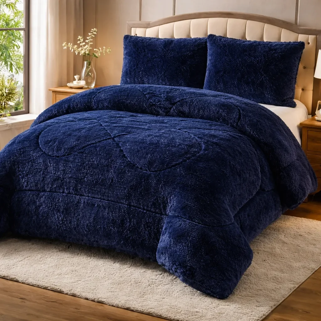 Casadeliacl - Plumon De Invierno Peludos Con Chiporro 2 Plazas Azul Oscuro Peludo