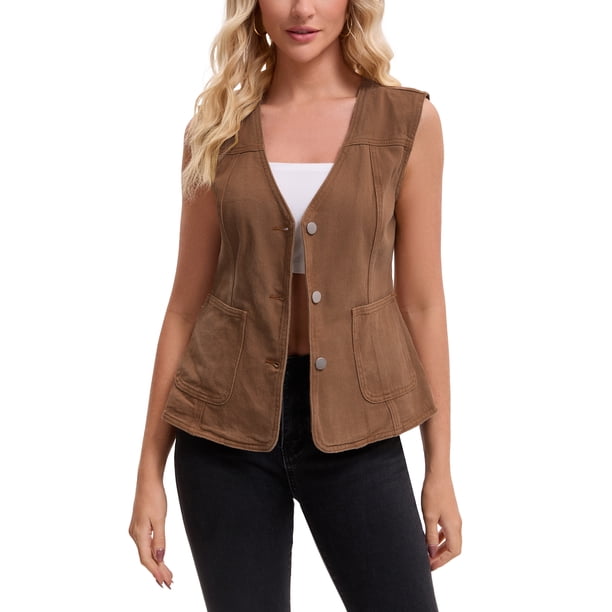 INSPIRE CHIC Chaleco de regreso a clases para mujer, chaleco de mezclilla con cuello en V, bolsillos con parche, botones, sin mangas, chaqueta de jean 2XL marrón