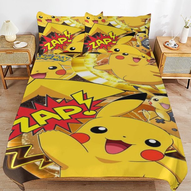 Pi-ka-chu Bed Duvet Cover Microfiber Bedding Sets 3D Printed Lightweight 3 Piece Comforter Sets for Kids Boys Girls