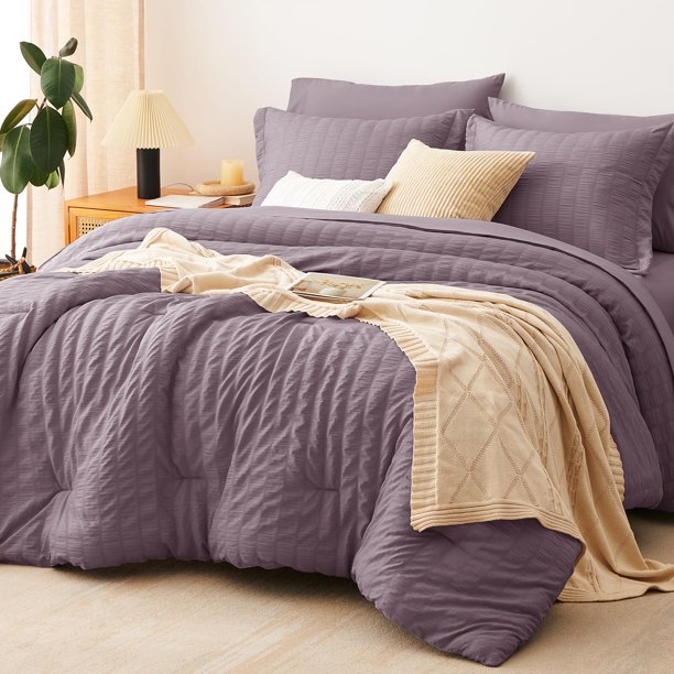 Conjunto de ropa de cama CozyLux Full 7 piezas – Púrpura polvo con tejido seersucker
