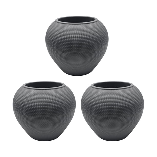 Set 3 Maceteros Plastico Redondo Ovalado Moderno Textura S gris