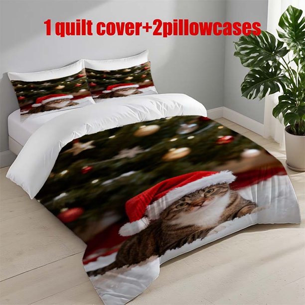 3pcs Christmas Cat Poster Themed Printed Bedding Set Duvet Cover and Pillowcases