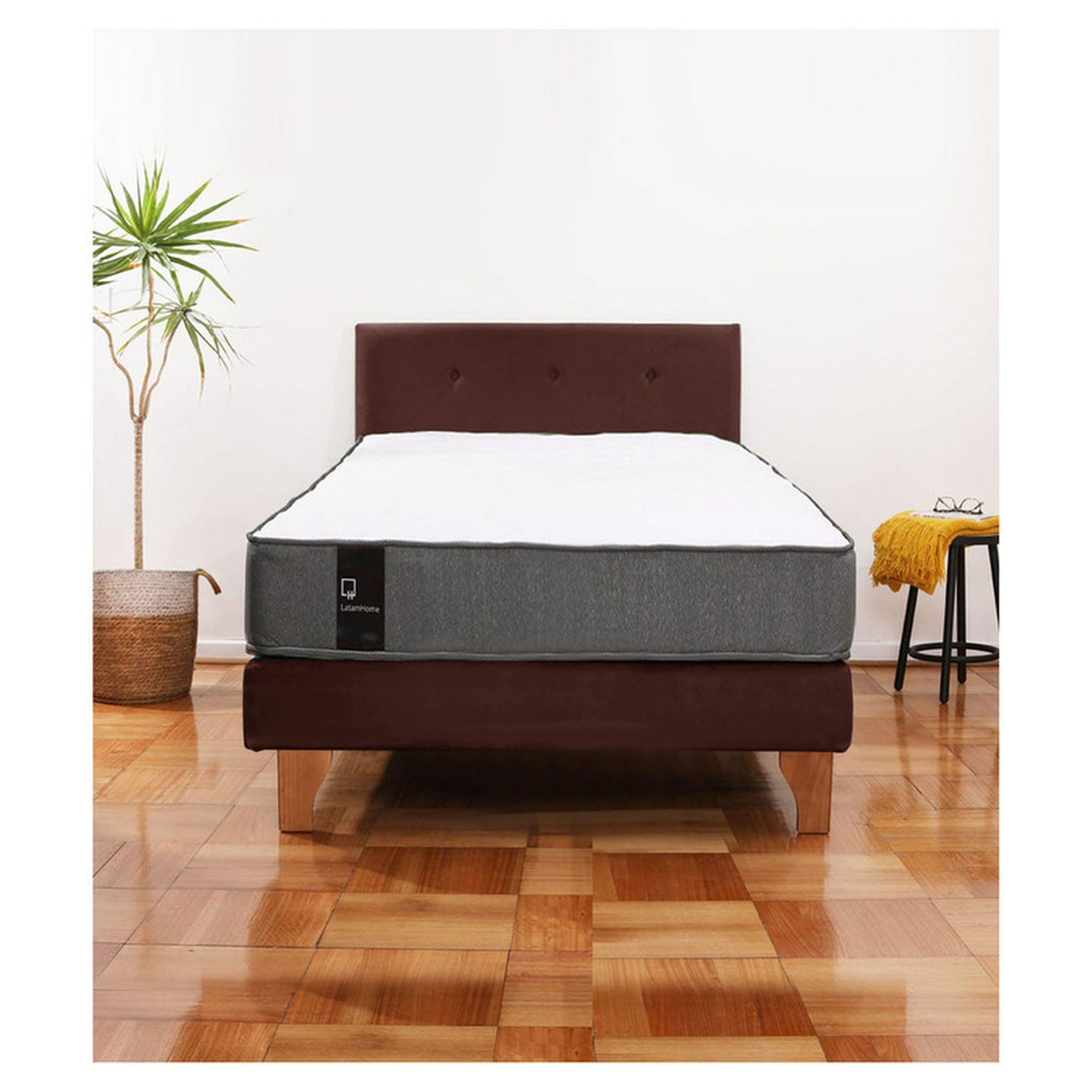 Latam Home - Cama Europea Zen Best 1.5 Plaza Colchon Resortes Base Dividida + Respaldo Tela Café