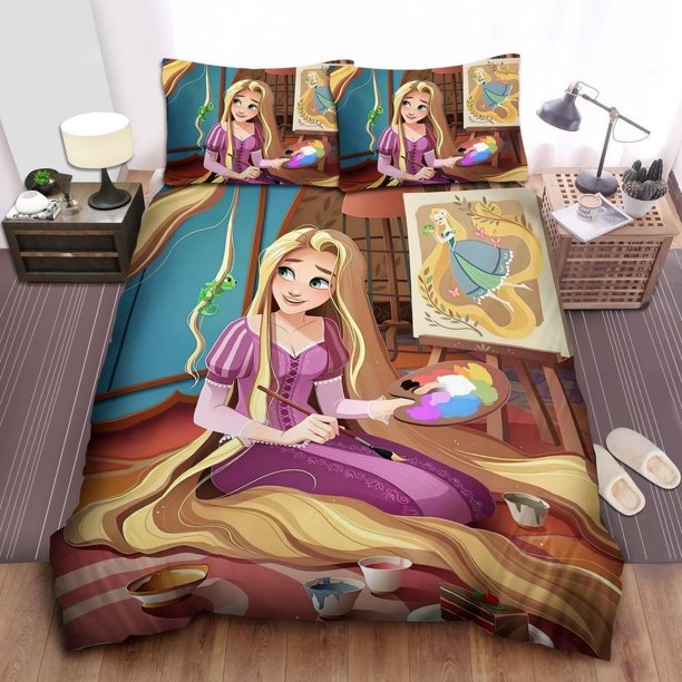 Disney Princess Rapunzel Drawing Herself Quilt Duvet Cover Set Bedroom Decor3-Piece Bedding Set