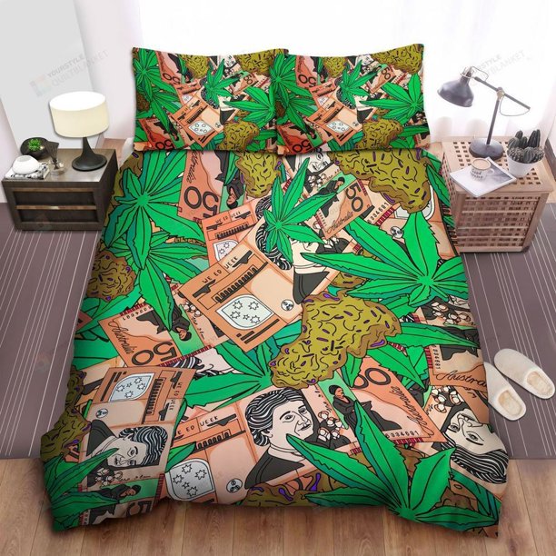 Weed Money Cartoon Pattern Quilt Duvet Cover Set Bed Linen Bedroom Decor Kids3-Piece Bedding Set