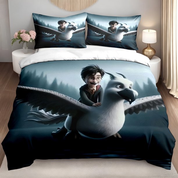 3pcs Bedding set Cartoon Wizard Riding Hippogriff Print Duvet Cover Set | Polyester Digital Printing