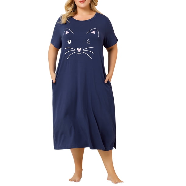 Agnes Orinda Camisones de Talla Grande para Mujer Cuello Redondo Mangas Cortas Vestido de Dormir Estampado de Gatos Pijamas Lounge Hogar con Bolsillo 3X Azul Marino