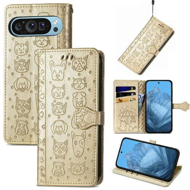 Funda Cartera FOXDOCK para Google Pixel 9 Pro XL , Flip PU con Relieve de Gatos y Perros, Tarjetero y Soporte