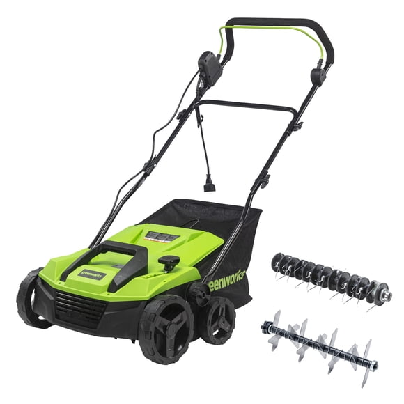 Descompactador Greenworks 13A de 14 pulgadas con cable, rastrillo 2 en 1 para césped