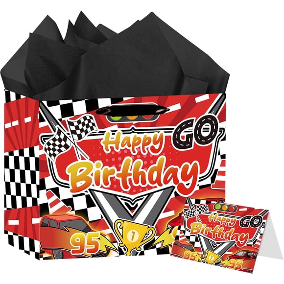 Bolsa de regalo LOYUJI de coche de carreras grande con tarjeta y papel de seda