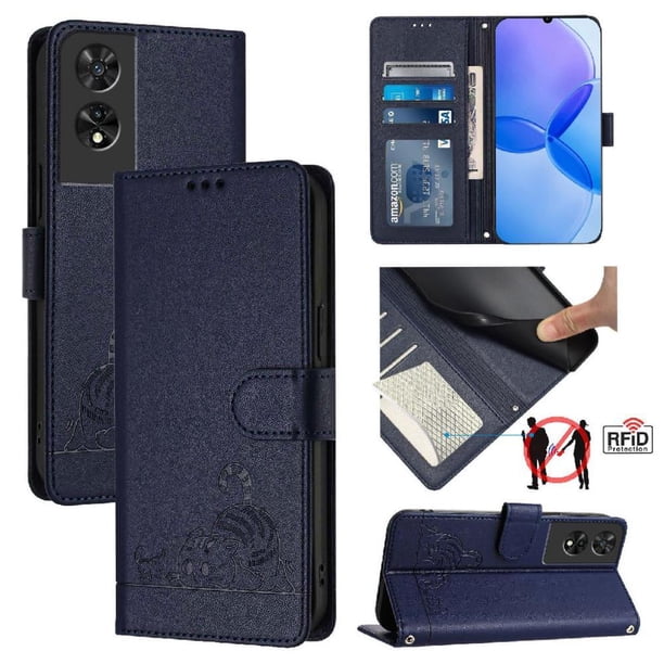 Funda tipo cartera FOXDOCK para TCL 505 con soporte, ranuras, RFID, diseño de gato