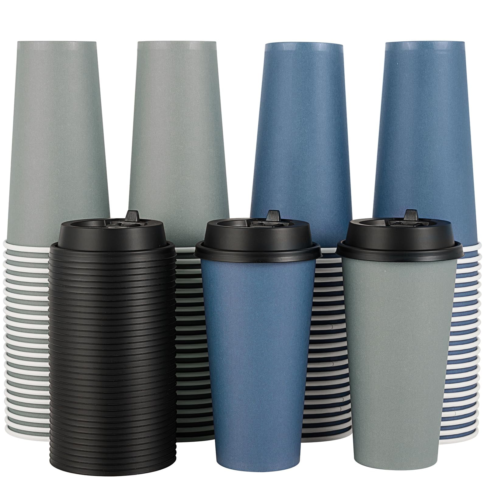 Tazas De Café Litopak De Papel De 20 Onzas, Paquete De 100 Con Tapas, Azul Y Gris
