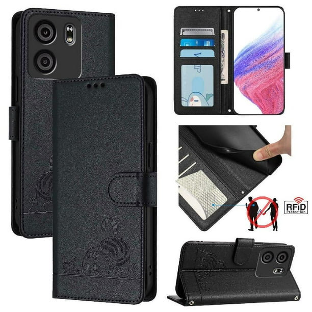Funda tipo cartera FOXDOCK para BLU View 5 con soporte, ranuras, RFID, diseño de gato