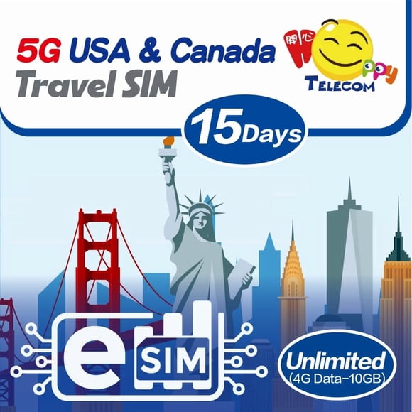 SIM digital HAPPY TELECOM 15 días EE. UU./Canadá 10 GB 5G