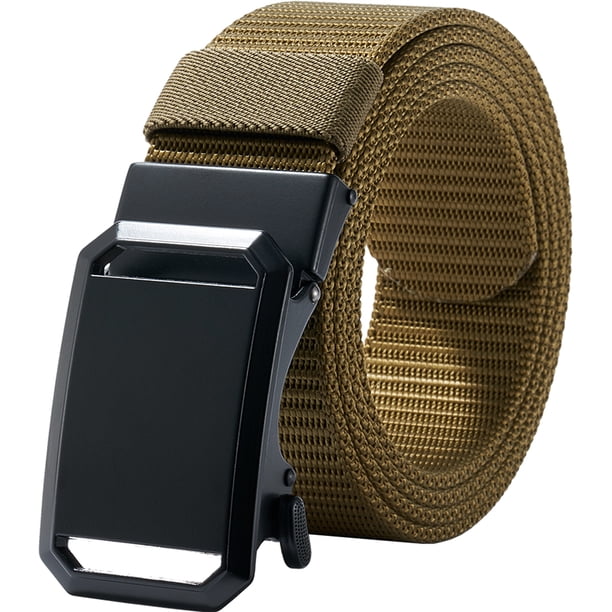 Cinturones de trinquete para hombre - Cinturón de moda para hombre de tela de nailon de 3.4cm pulgadas para jeans casuales, 130cm, Marrón Oliva