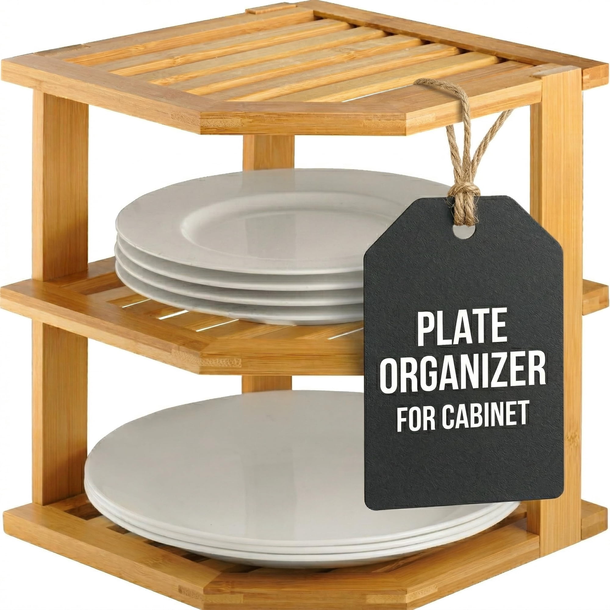 Organizador De Platos Bambüsi, Estante Esquinero De Bambú De 3 Niveles