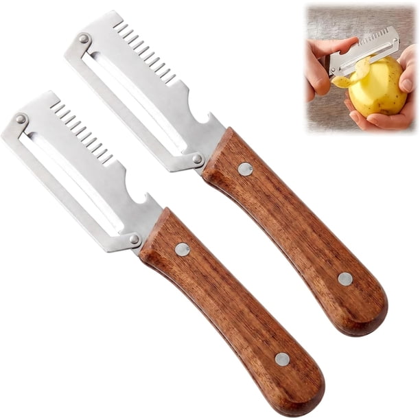 Pelador verduras 2 en 1 cuchilla ultra afilada acero mango madera abridor