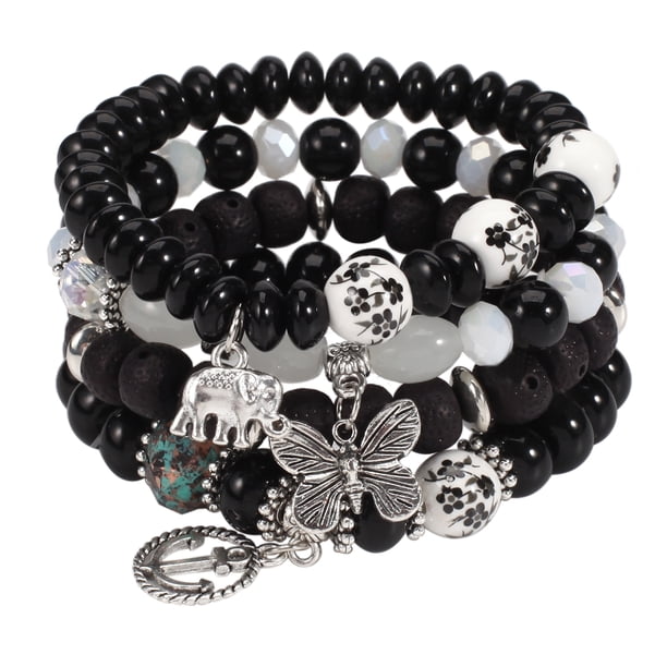 Unique Bohemian Layered Beaded Bracelet - Elephant, Anchor & Butterfly Shaped Pendant - Stretchable & Stackable - Perfect for Summer Beach & Unisex Accessories