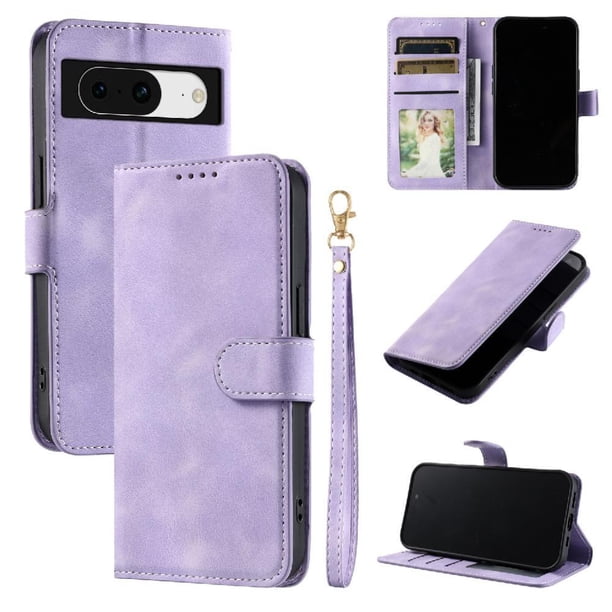 Funda Cartera para Google Pixel 8 Tapa con Ranuras, Soporte y Correa Morado