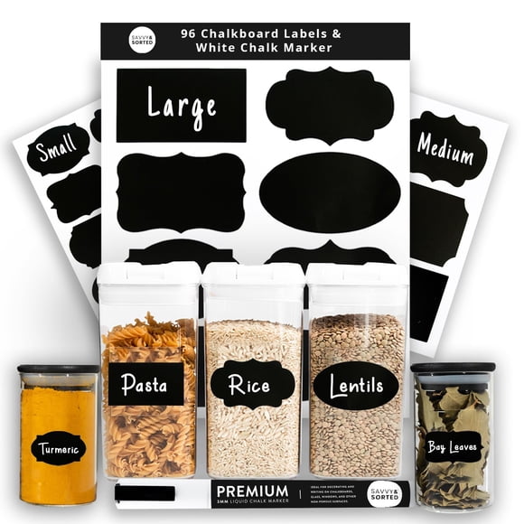 Etiquetas de pizarra SAVVY & SORTED – Pack de 96 con rotulador de tiza