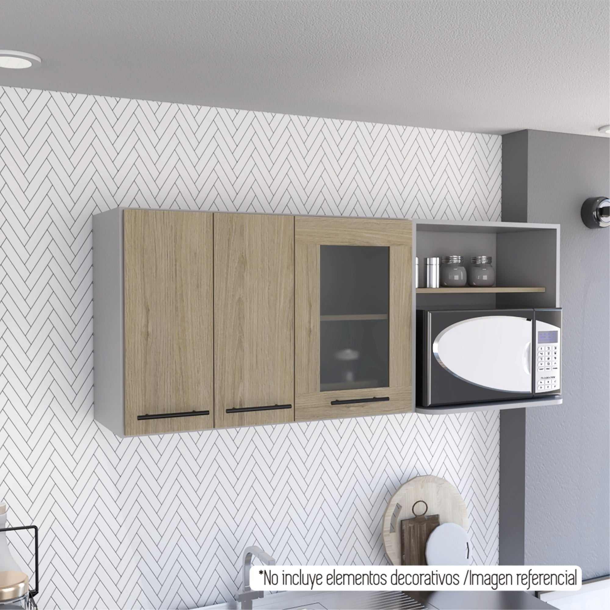 Tuhome - Mueble De Cocina Mural Espacio Microondas 150 Cm Hasselt Gris Y Rovere