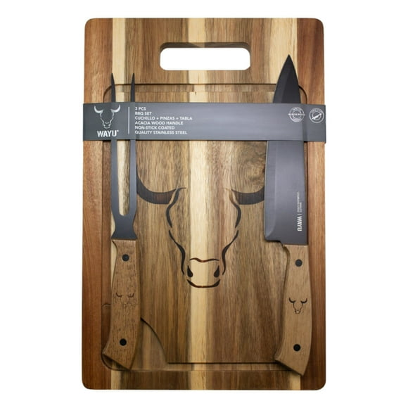 Tabla + Cuchillo Y Tenedor Premium 3 Piezas Acero Inoxidable - Madera Café