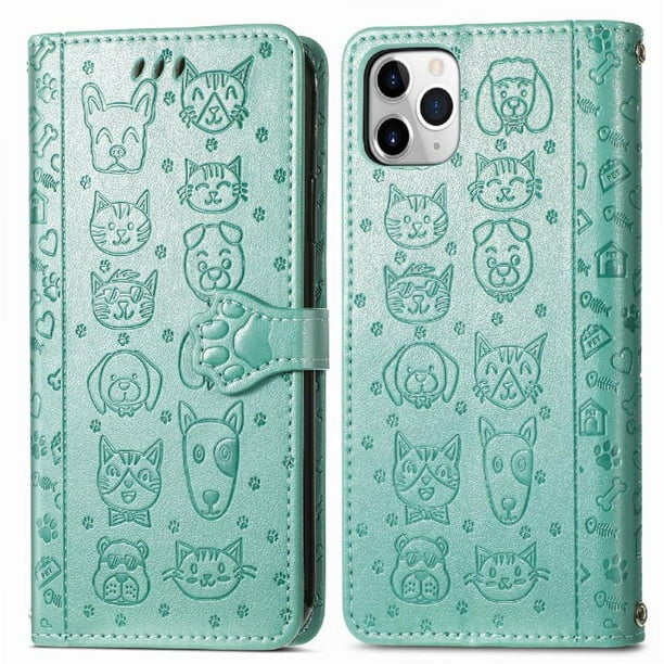 Funda Cartera FOXDOCK para iPhone 11 Pro , Flip PU con Relieve de Gatos y Perros, Tarjetero y Soporte