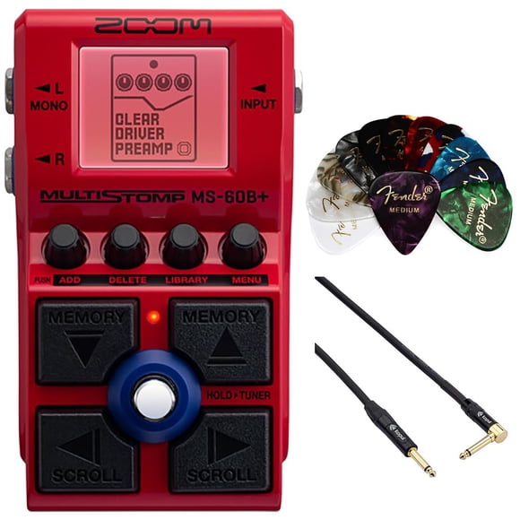 Pedal de bajo Multi-FX Zoom MS-60B+ con cable de 3 m y púas, paquete de 12