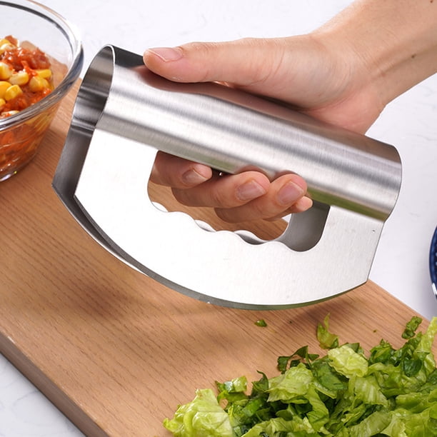 1pc Vegetable Chopper - Stainless Steel Rocker Knife For Lettuce & Vegetables W/ Blade Protector 5.9in*3.9in