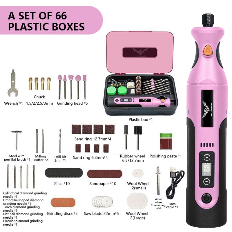 Jenabom - Herramienta De Grabado Eléctrica Portátil Rosa Con 66 Accesorios, Kit De Herramientas Rotativas Ajustables De Múltiples Velocidades Con Carga Usb, Ideal Para Lijar, Pulir Y Grabar.