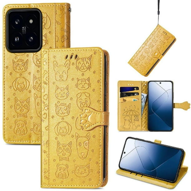 Funda Cartera FOXDOCK para Xiaomi 14T Pro , Flip PU con Relieve de Gatos y Perros, Tarjetero y Soporte