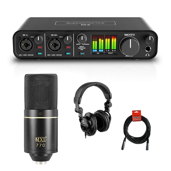 Interfaz de audio MOTU M4 USB con micrófono MXL 770 y audífonos