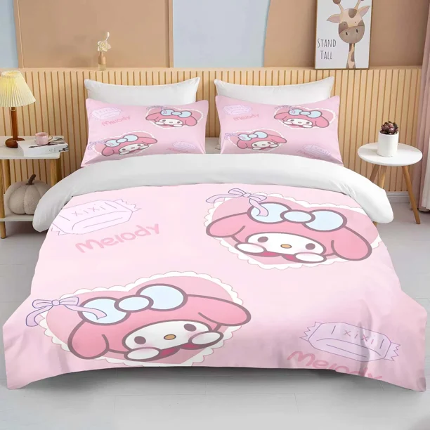 Sanrio Melody Printed Soft Bedding Set Duvet Cover Anime Quilt Adult Kids Birthday Gift Full Size Comforter Bedding Sets Bed Sheets