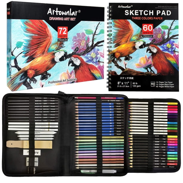 Set de dibujo y bocetaje Artownlar de 72 piezas con cuaderno de bocetos de 8 x 11 pulgadas y estuche