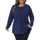 thumbnail image 1 of Top de talla grande para mujer de manga larga con cuello redondo, camisas plisadas de ajuste holgado, túnicas 1X azul marino, 1 of 6