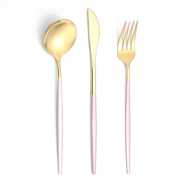 Xiao Hua Vajilla de acero inoxidable en oro y rosa: juego de 3 piezas de elegante vajilla, cubertería para el hogar, apta para lavavajillas, perfecta para cenas festivas y banquetes de boda.