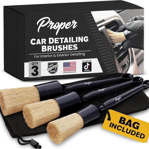 Juego de cepillos para detalles de automóviles PROPER DETAILING CO., paquete de 3 con pelo de jabalí