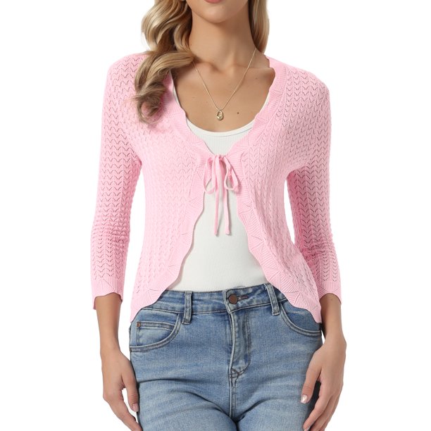 INSPIRE CHIC Suéter con Lazo Frontal para Mujer Cárdigan Corto de Punto Manga 3/4 Abierto Frontal Casual Elegante Cárdigans M Rosa Claro