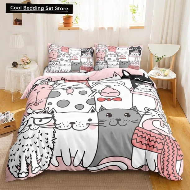 3PCS -sided Printed Bedding Set ,Comforter Cartoon Cute Cat Duvet Bedding Cover Pillows Comfortable Bedspreads BeddingSet Bed Sheets