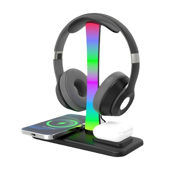 Soporte de auriculares 4 en 1 con cargador inalámbrico de 15 W para AirPods Max/Pro IOS Watch y auriculares-Negro