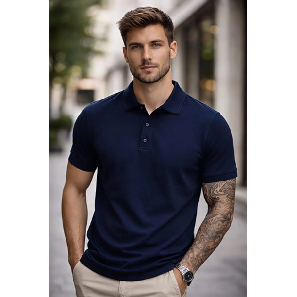 Polera Pique/polo Basica 100% Algodon Manga Corta 240g/m Azul Marino L Lisa