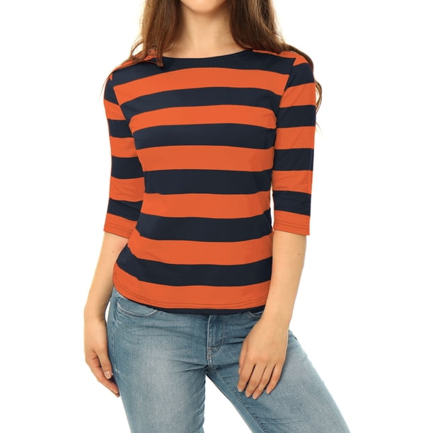 INSPIRE CHIC Camisetas a Rayas de Regreso a Clases para Mujer Ajuste Ceñido Mangas al Codo Cuello de Barco T-Shirt L Naranja Azul Marino