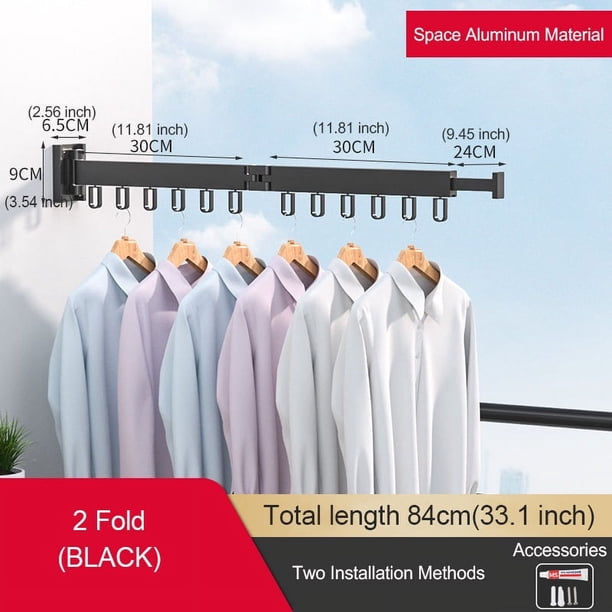1pc Aluminum Alloy Folding Drying Rack, Clothes Drying Rack, Foldable Telescopic Drying Rack, Wall-mounted Collapsible Drying Rack, Space Saver Clothes Rack With Hooks, For Balcony, Laundry, Bathroom