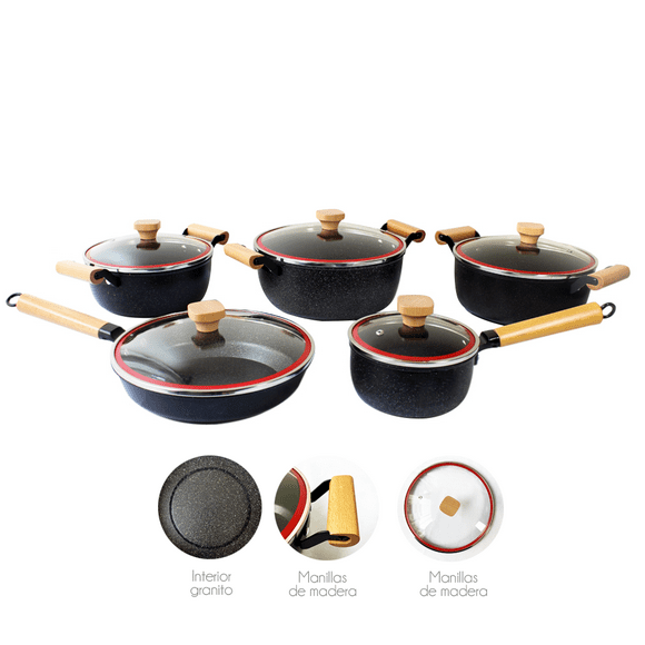 Bateria de Cocina Ceramica Granito 10 piezas negras