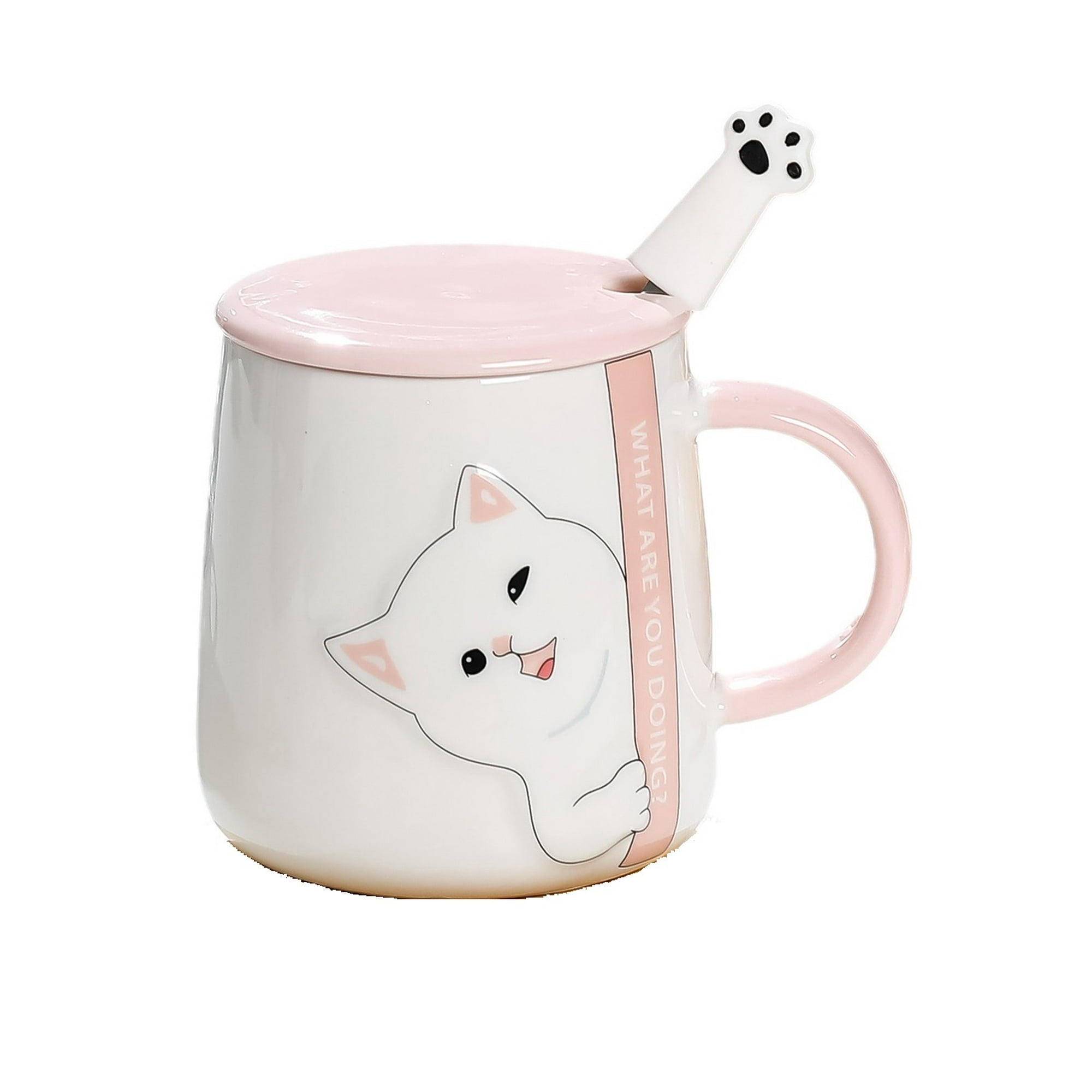 El Eden - Tazón, Mug Con Diseños De Gatos, Incluye Tapa Y Cuchara Oreja Rosa