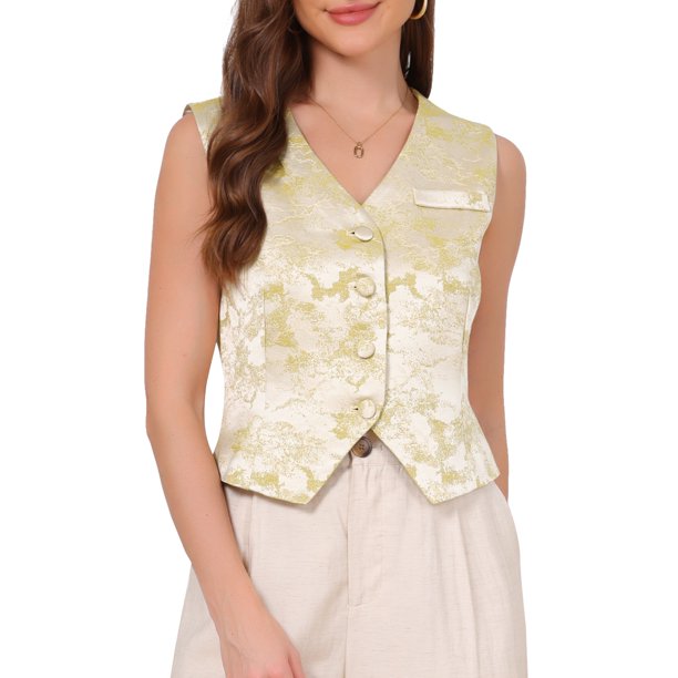 INSPIRE CHIC Chaleco Vintage para Mujer con Cuello en V y Botones Estilo Steampunk Victoriano Chaleco de Traje Jacquard XS Beige Verde