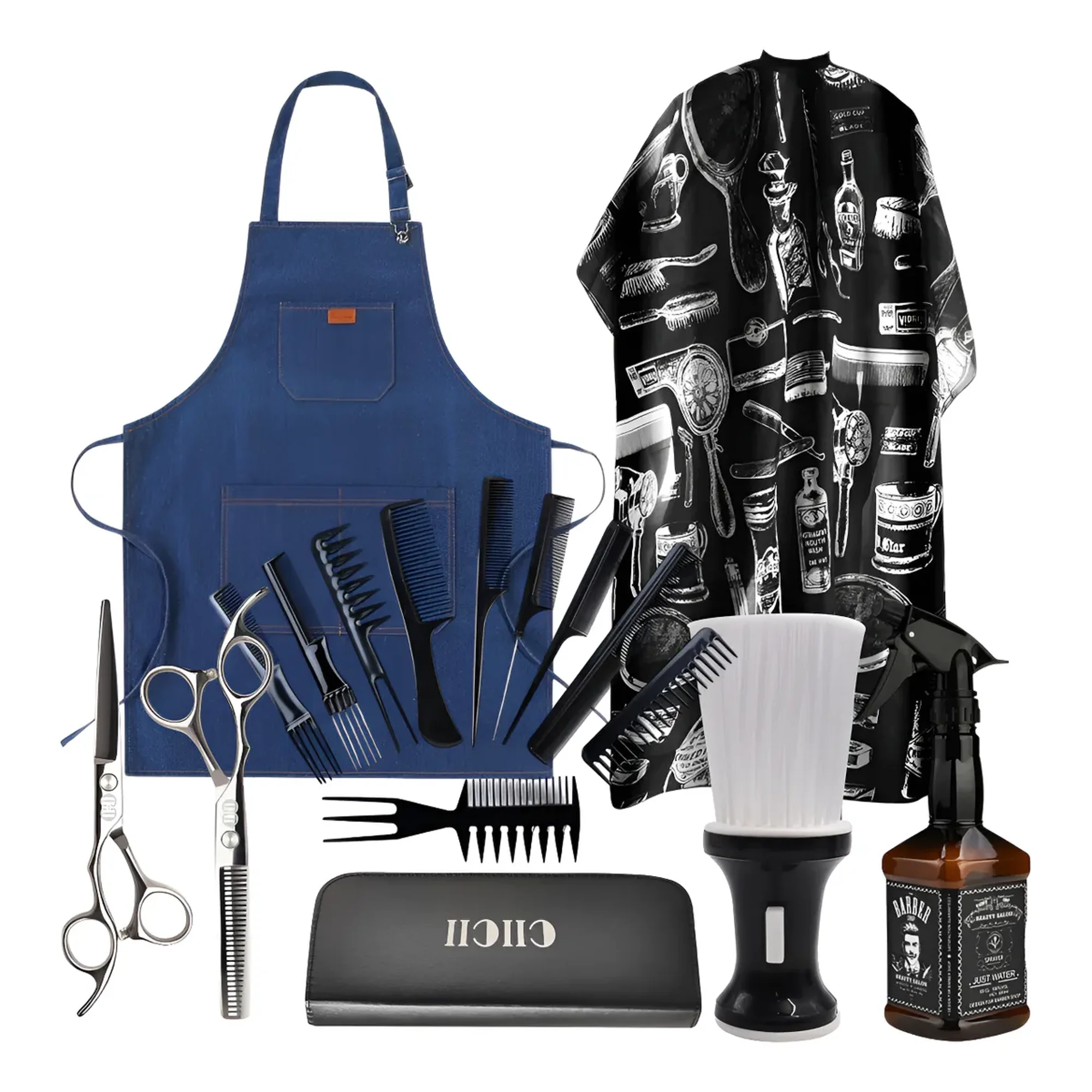 Linastore - Pack De Barberia Peluqueria Instrumentos Tijeras Capa Peines Negro