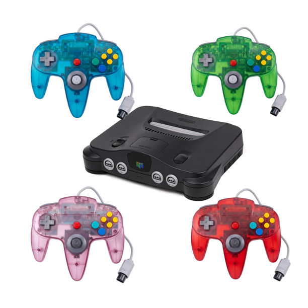 Console Nintendo 64 N64 Noire – Pack Premium 4 Joueurs (Reconditionnée) – Inclut 4 manettes transparentes (Bleue, Verte, Violette, Rouge)