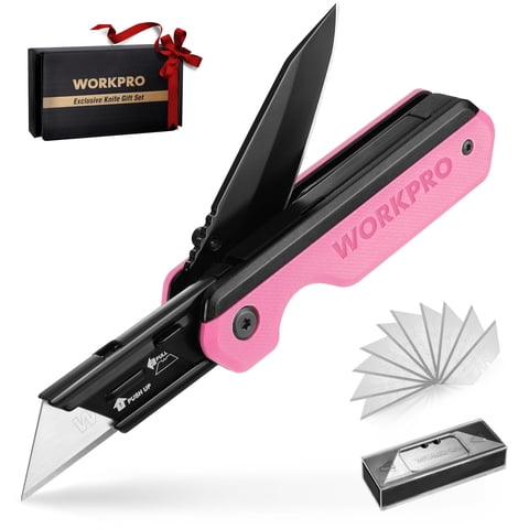 Cuchillo Plegable/Navaja Multiusos Workpro 2 En 1 Con 10 Hojas, Color Rosa