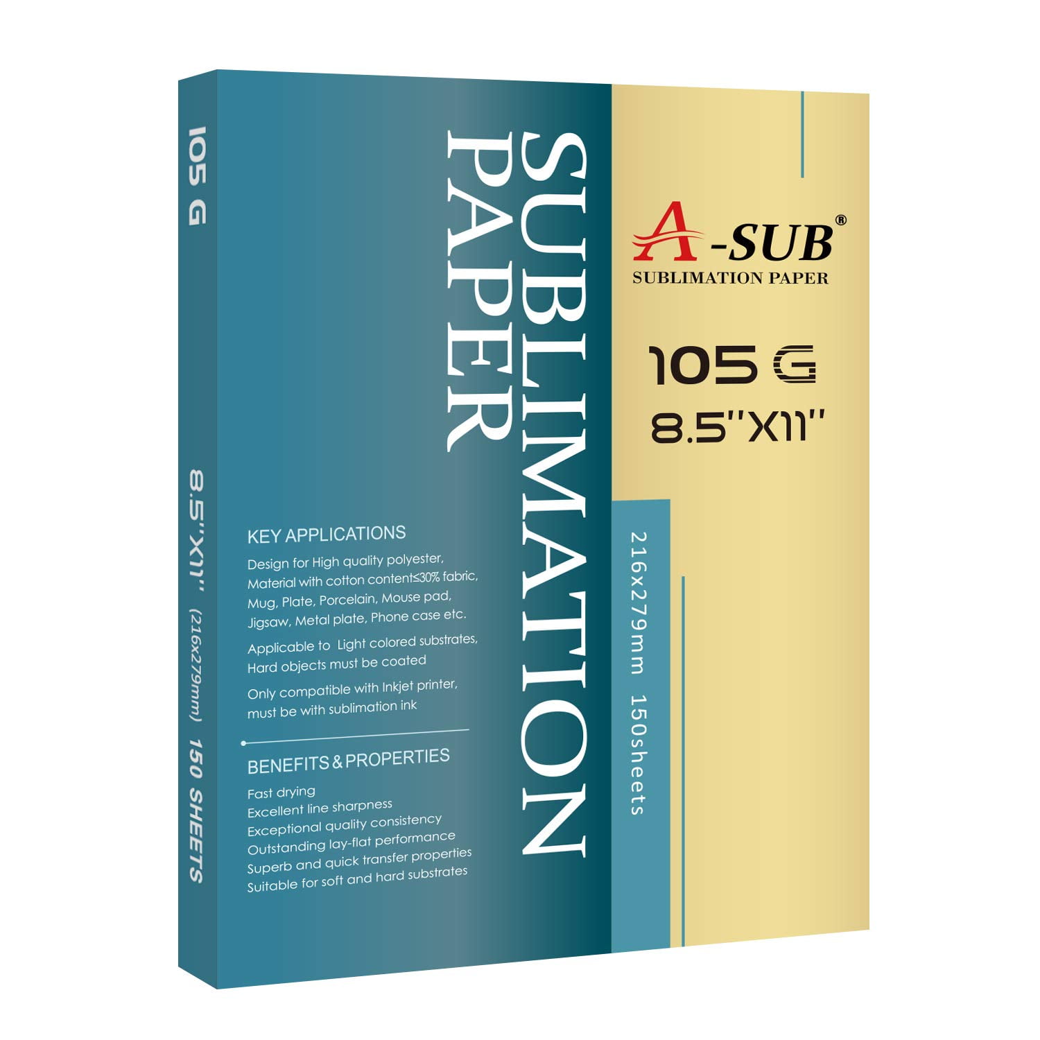 Papel De Sublimación A-sub, 150 Hojas, 8,5 X 11 Pulgadas, 105 G